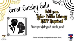 inage in a picture frame of a man and woman from the 20's era the words Great Gatsby Gala 6:30pm must RSVP