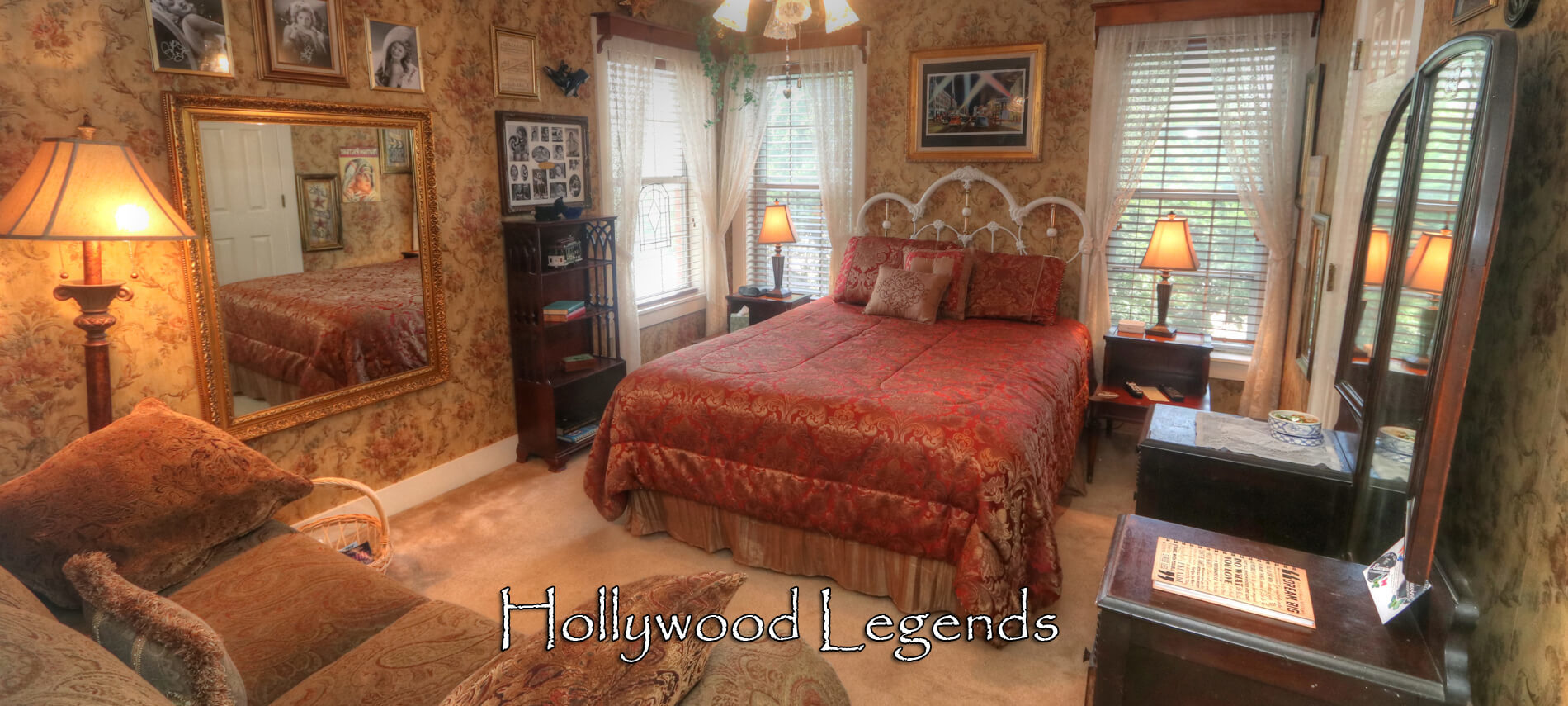Hollywood Legends room with bed, love seat and dresser with mirror