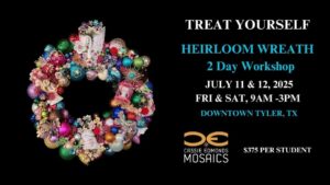 black background with an image of bejeweled wreath on the left hand side the words Treat yourself to a workshop