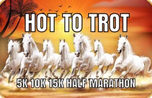 Orange background with 7 white horses running at the bottom it says 5K 10K 15 K half marathon