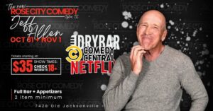 Jeff allen scratching his chin the words Drybar Comedy Central Netflix Rose City Comedy 