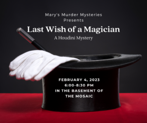 poster for murder mystery dinner on Feb 4 in downtown Tyler 6-8:30