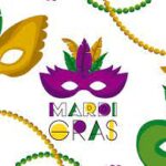 Mardi gras beads and masks in the middle the words Mardi Gras all in green,gold and purple