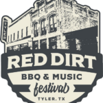 logo for Red Dirt Festival-Beige and black buildings downtown Tyler and the wording Red Dirt Festival Tyler Texas