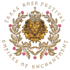 Texas Rose Festival Logo for 2022 Has wording Empires of Enchantment-Lion head with a crown surrounded by gold branches and red berries