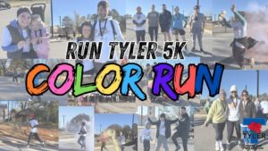 Several photos of different people who have been in a run superimposed over those images are the words in black RUN TYLER 5K under that in several colors COLOR RUN