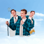 Image of a man in three different poses talking in a microphone-the images are standing in the clouds