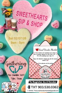 poster advertising the Sweetheats sip and shop event on Sat Feb 7 from 9-5