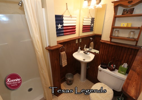 Texas Legends Bathroom with wood beadboard, texas flag and walk in shower