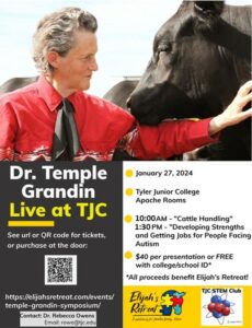 Poster Of Temple Grandin wearing a red shirt with a black tie looking in the eyes of a black cow. Under the phota announcing the lecture 