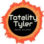 Clip art image of eclipse-logo for totality Tyler Solar Eclipse-round image depicting the sun with dark orange on the outside-a lighter orange then total black