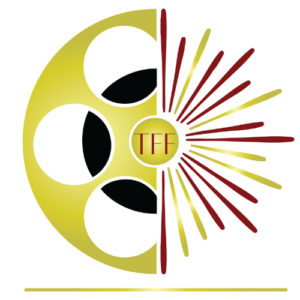 Logo for the Tyler Film Festival Looks Like a 1/2 film reel lime green and maroon with the intials TFF in the middle.