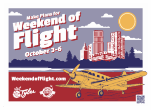 poster depicting the Tyler skyline and a vintage airplane says make plans for Weekend of Flight Oct 3-6 weekendofflight.com 