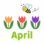 free clip art depicts 3 different colored tulips with a bee flying aboe-across the is th word APRIL