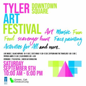 poster for the Tyler Art Festival in Downtown Tyler Sat Sept 9 10-6 Poster is in various colors including lime gree, hot pink and medium blue.