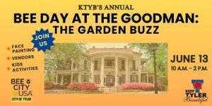 yellow rectangular poster says Bee day at the Goodman: The Garden Buzz under that is a photo of the Goodman Museum June 13 10-2