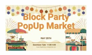 poster for the Block Party Popup Market announced in orange letters with different colored party light s (in clip art) above it. 2 food booths are in the lower left and right of the poster. Between the food booths are the date and place