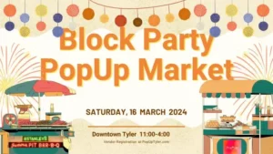 colorful poster with the words Block Party Popup Market in orange and two umbrelladed cart images at the bottom right and left hand corners