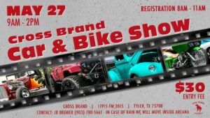 poster anouncing May 27 9 to 2 Crioss Brand car and Bike Show $30 entry fee-Various kinds of cars pictued on the poster