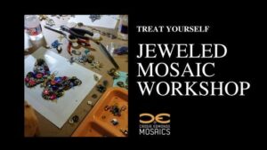 Picture of Butterfly made out of Jewels in a mosaic fashion and words announcing a workshop for mosaics