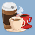 blue background two coffee cups filled with coffee red one behind a cream colored on -steam coming out of cream colored cup. aLSO A BROWN PAPER COFFEE CUP