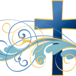 Blue cross on the right with a scroll of light blue and yellow starting on the right going across the cross all the way to the left