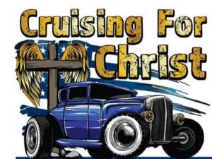 wooden cross and blue muscle car words Cruising for Christ