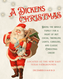 words A Dickens Christmas and Santa holing a bag of "goodies" 