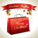 Red bag with wording Merry Christmas and above a red banner that says Christmas shopping