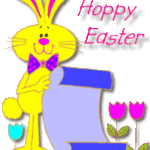 Yellow easter bunny with pink and purple bow tie holding a purple scroll. Two pink tulips to the right , one turquoise tulip on the left, and wording on the top left says Hoppy Easter in pink letters