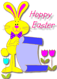 Yellow bunny holding Hoppu Easter sign