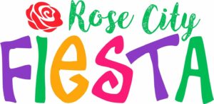 logo for Rose City Fiesta Has a red rose image befor the words Rose City (words in Green) below that is the The word Fiesta in purple, green, yellow and hot pink