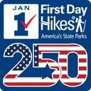 square image with blue background in upper left corner a white box says Jan 1 and a red check mark nest to it ways First Day Hikes and an image of a person walking with a backpack under that the words Americas State Parks in larger Type is the number 250