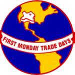 world picture- round with dark blue background-yellow land images of North and South America-Texas image is superimposed and a banner through the middle with wording First Monday Trade Days in red