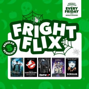 Green background on poster showing movies in October for Fright Flix