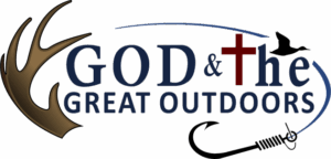 logo God and the geat Outdoors with images of deer horn, flying duck and fish hook