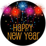 black circle with clip art of multi colored fireworks. The words Happy New Year are at the bottom in gold letters