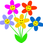 Colorful clip art of 5 daisy like flowers attached to a green 2 leaf base