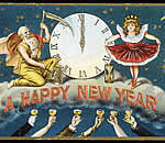 Blue background clock striking midnight says happy new year-image of father time and cute doll on either side of the clock
