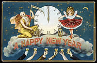 Clock showing midnight-father time on the left and a young girl with a red dress on wearing acrown on her head. They are standing on a cloud with the words Happy New Year emblaxed on the cloud. Blue sky in the background with stars and a cresent moon.