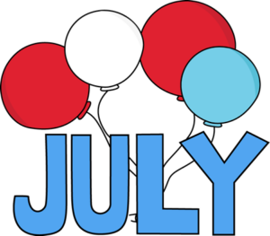 Red, White and Blue baloons above the word July