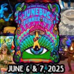 colorful image of an Eye with a dog playing guitar and hippy type people all around words say Junebug Summer Fair June 6 and 7, 2025