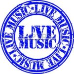 Round Image in blue and white says live music