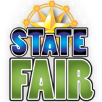 Tope of Yellow star the words State in blue superimposed on str under that the wor Fair in green