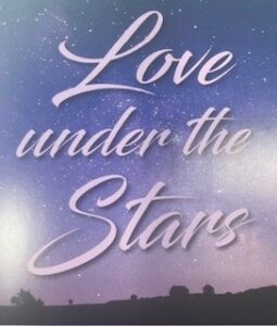 blue and light purple background with stars The words Love under the Stars under the words is a shawdowy land mass