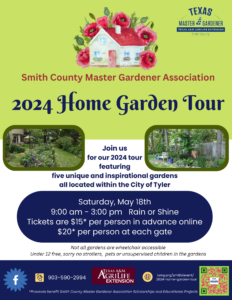 Poster for Master Gardners Hoem Tour. in clip art, There is a white home with a red roof and door. It is surrounded by red flowers on a green background. All the other information on the poster is in the wording in the blog