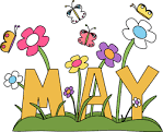 clip art drawing with the word May in yellow surrounded by different color flowers and butterflies