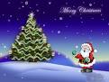 clip art-big christmas tree decorated in the background and the words Merry Christmas in cursive on the top right with santa below