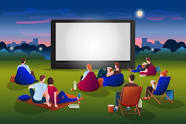 green lawn withabout 10 people sitting in front of a white movie screen