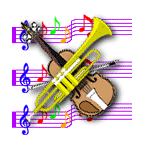 sheet music in different colors with violin and trumpet superimposed on top